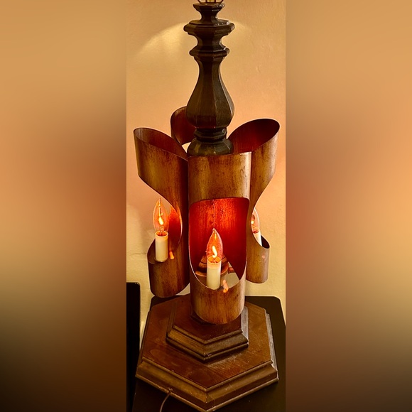 RARE Vintage 1950’s Brutalist Curved COPPER & Wood Statement Table Lamp working - Picture 3 of 11
